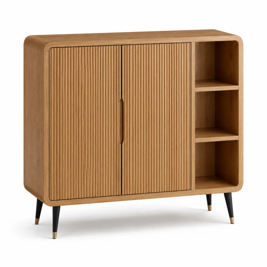 Buffet de salle a manger 2 portes avec etageres ouvertes en MDF plaque chene 120 x 45 x 100 cm chene naturel noir dore