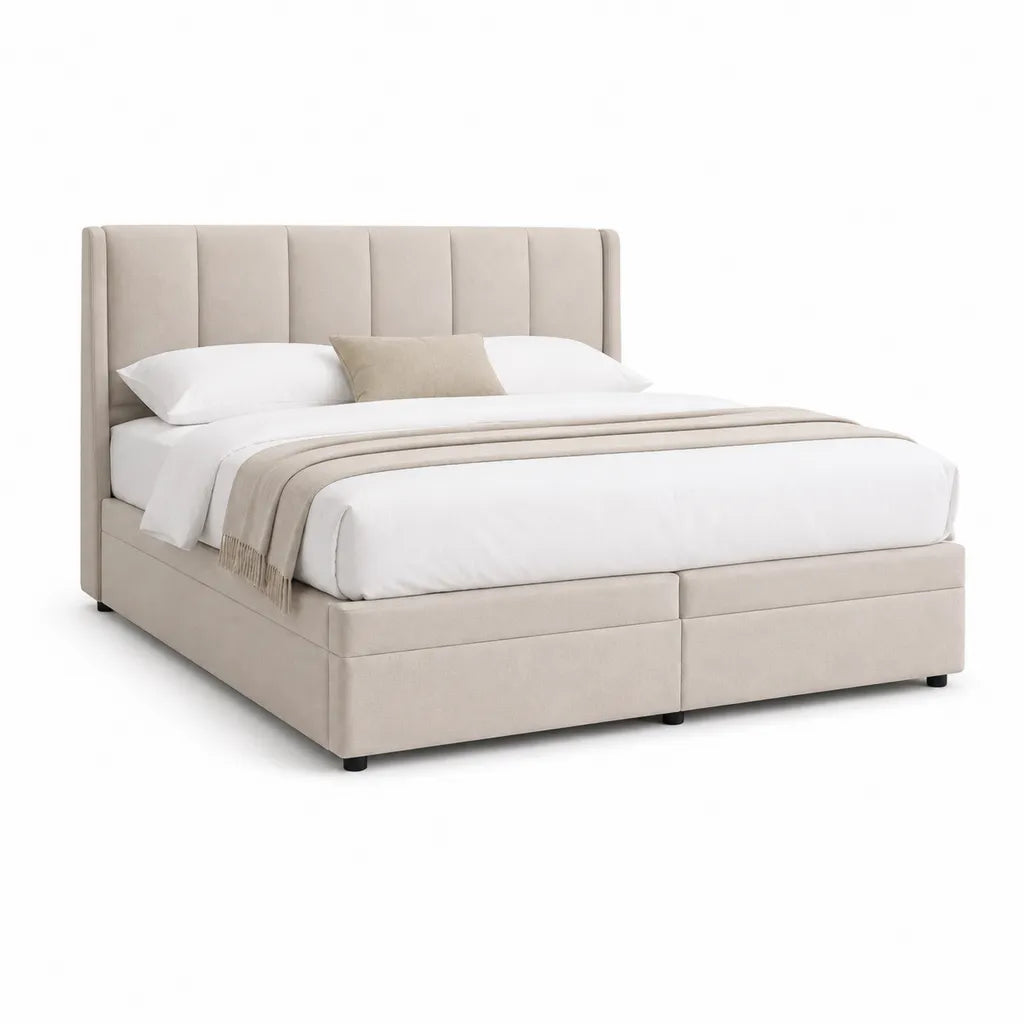 Lit double 160 x 200 cm avec cadre capitonne en polyester beige