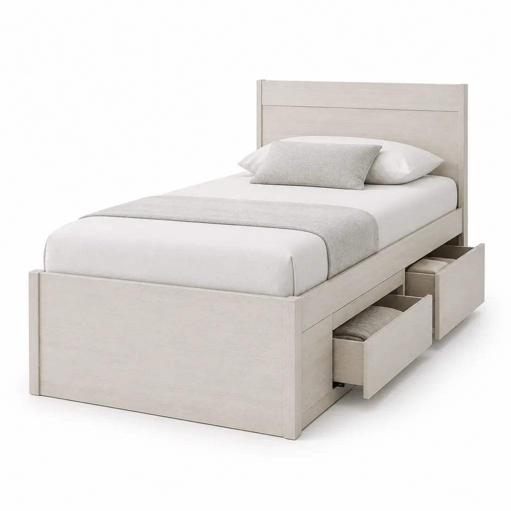 Lit simple avec tiroirs 90 x 190 cm en panneaux de particules rectangulaire beige clair
