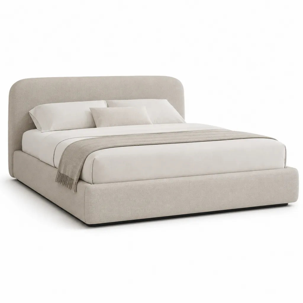 Lit double capitonne 160 x 200 cm en polyester beige avec tete de lit arrondie