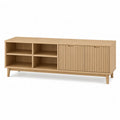 Meuble TV rectangulaire 140 x 40 x 55 cm en MDF finition chene clair avec 4 niches et 2 portes coulissantes
