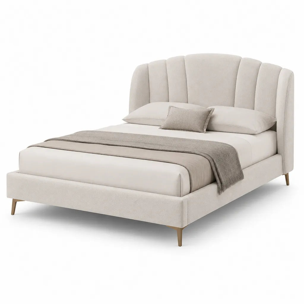 Lit double rembourre 160 x 200 cm en polyester beige avec tete de lit arrondie
