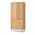 Buffet haut 3 portes 3 tiroirs decor chene clair a fa?ade rainuree 90 x 40 x 180 cm