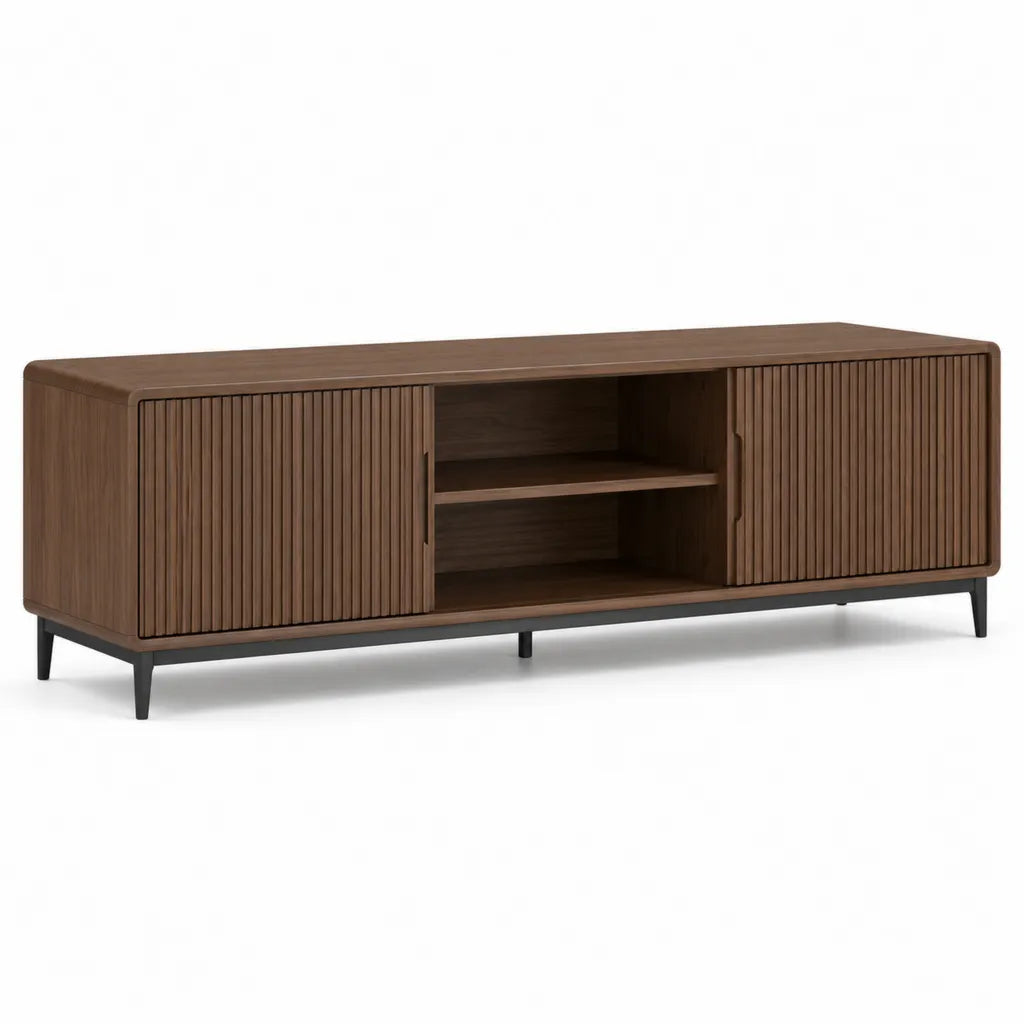Meuble TV 180 x 40 x 60 cm en panneaux MDF plaques noyer rectangulaire marron avec portes coulissantes et pieds noirs