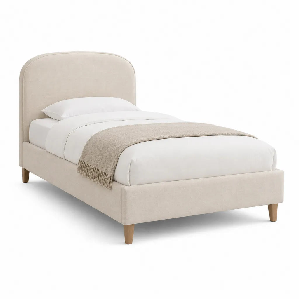 Lit une place avec cadre et tete de lit rembourree rectangulaire 90 x 190 cm en polyester beige