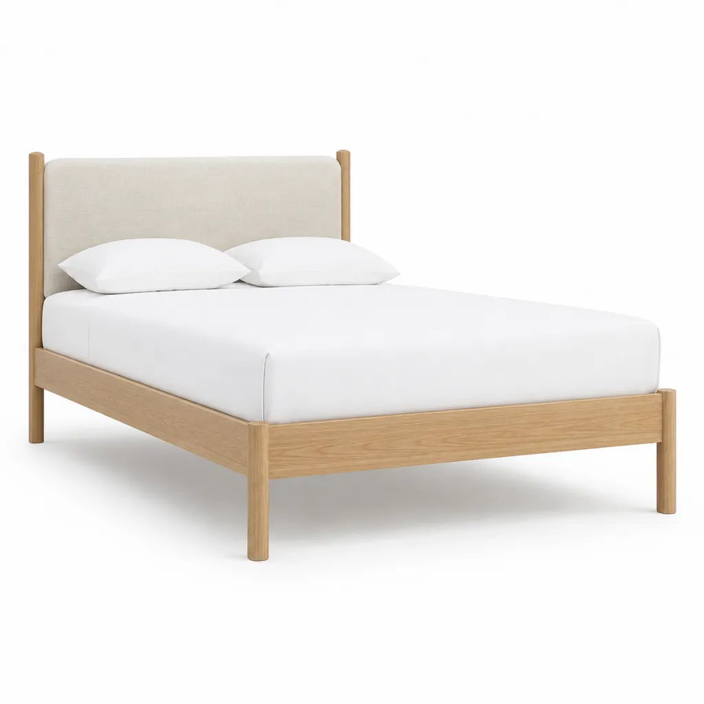 Cadre de lit double 160 x 200 cm en chene massif avec tete de lit capitonnee beige