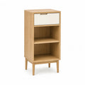 Buffet etroit a 1 tiroir et 2 etageres en MDF plaque chene naturel et blanc 40 x 35 x 85 cm