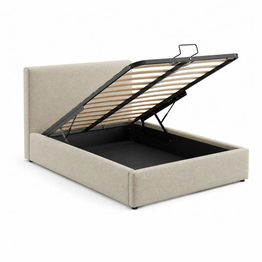 Lit coffre double 160 x 200 cm en polyester beige avec sommier a lattes relevable