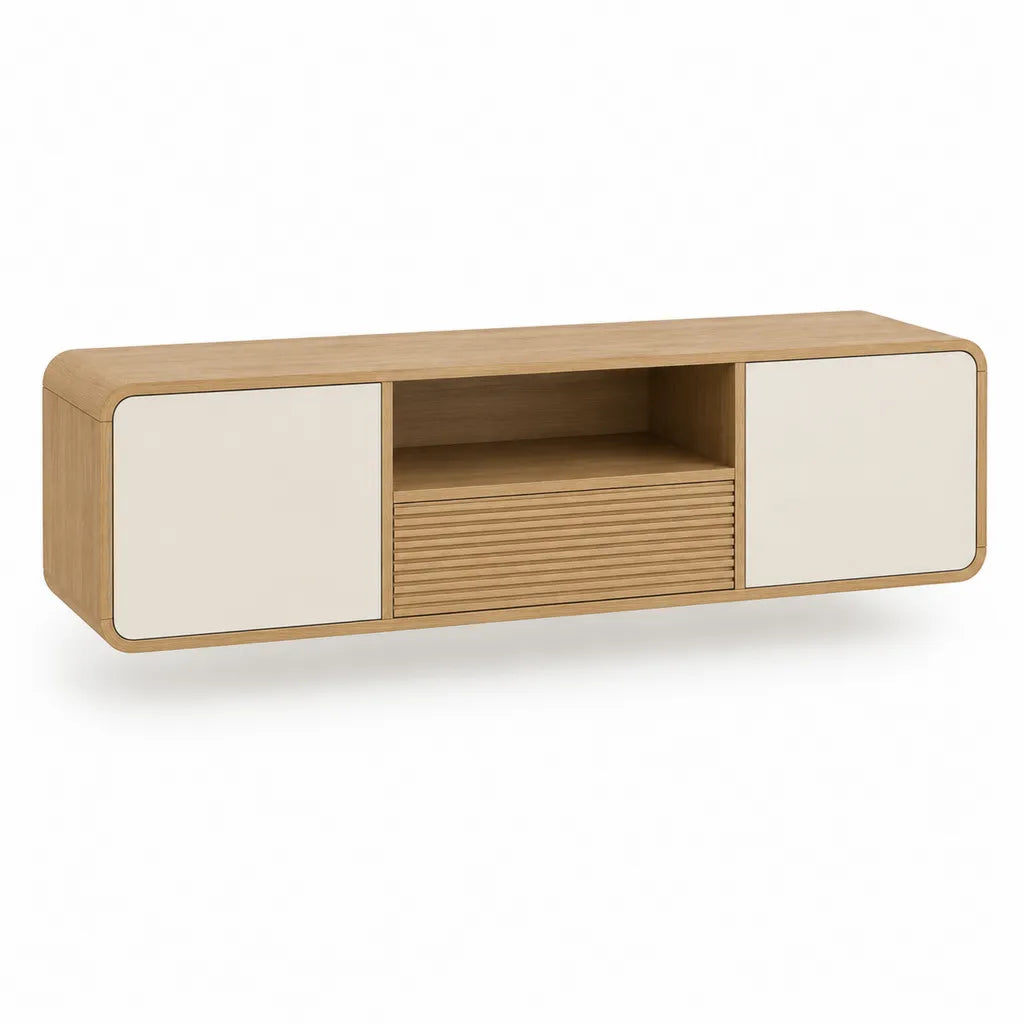 Meuble TV 160 x 40 x 55 cm en panneaux MDF plaques chene avec 2 portes et tiroir beige