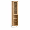 Buffet colonne vitrine 40 x 35 x 180 cm en panneaux de particules melamines chene naturel avec verre et acier noir