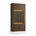 Buffet vitrine haut 80 x 40 x 190 cm en panneaux MDF brun et verre trempe avec eclairage LED