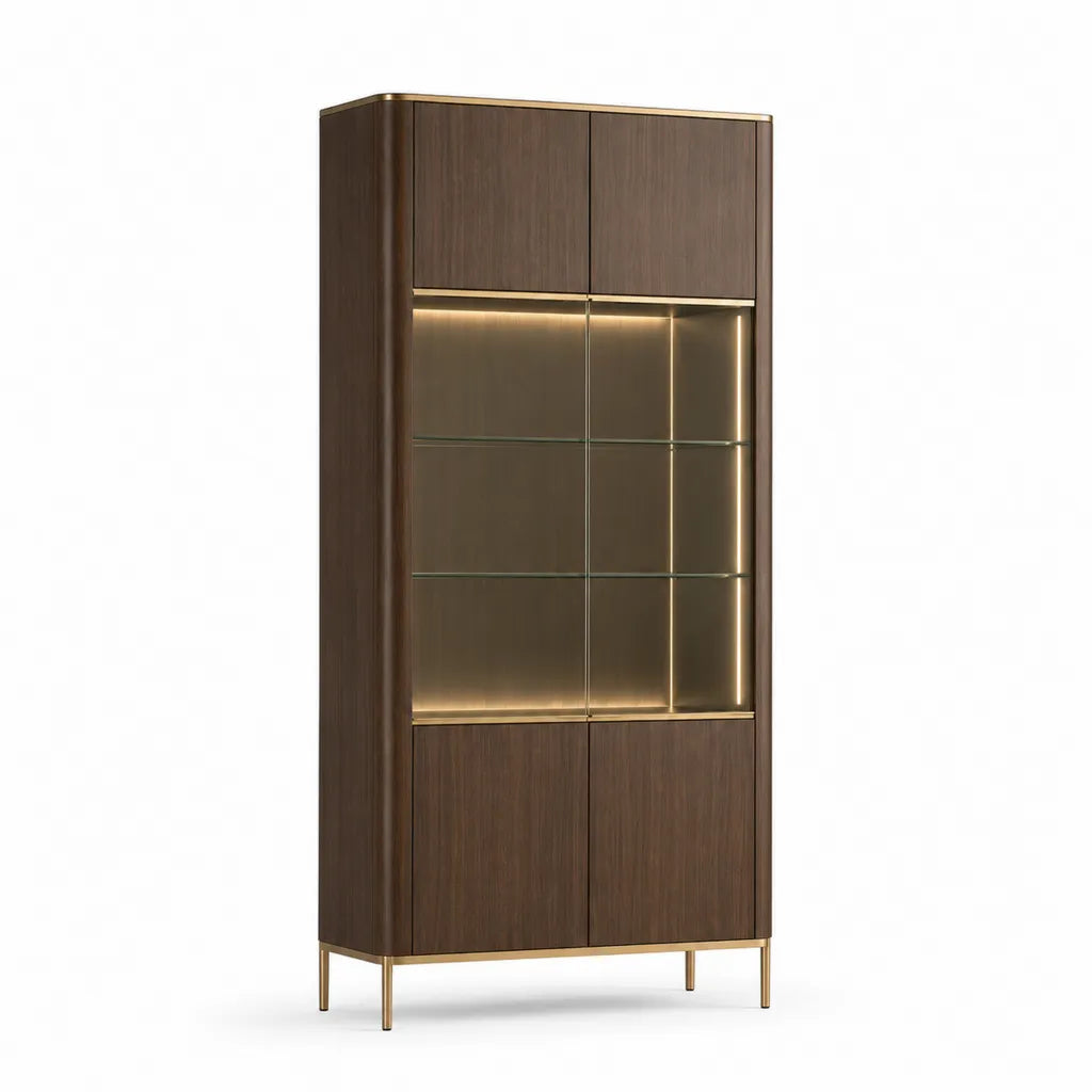 Buffet vitrine haut 80 x 40 x 190 cm en panneaux MDF brun et verre trempe avec eclairage LED