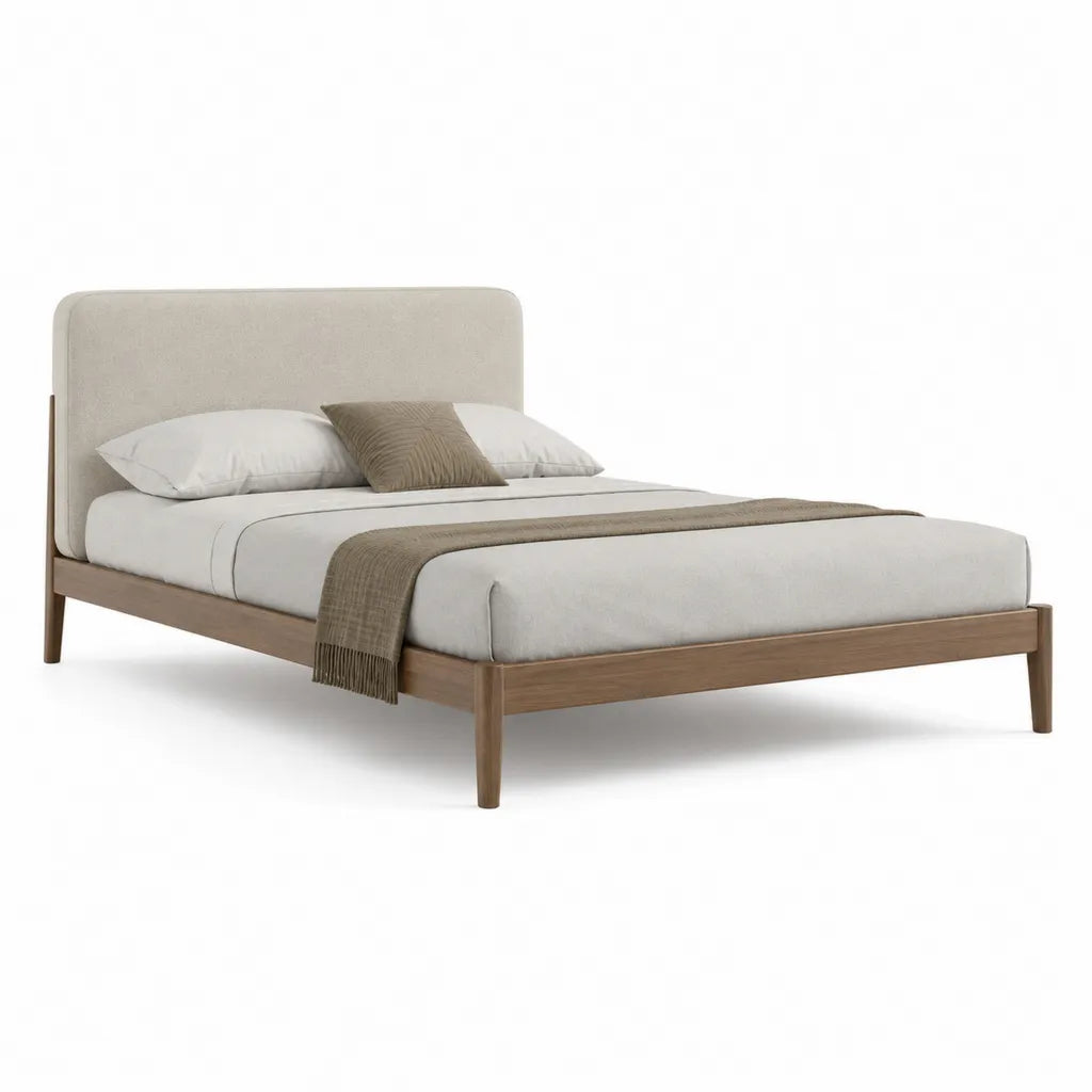 Lit double 160 x 200 cm avec tete de lit capitonnee en polyester beige et cadre en bois finition noyer