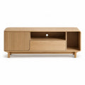 Meuble TV rectangulaire en panneaux MDF plaques chene naturel 160 x 40 x 55 cm avec porte coulissante et tiroir