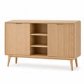 Meuble TV 140 x 40 x 75 cm en panneaux MDF plaques chene avec 2 portes et niches ouvertes chene clair