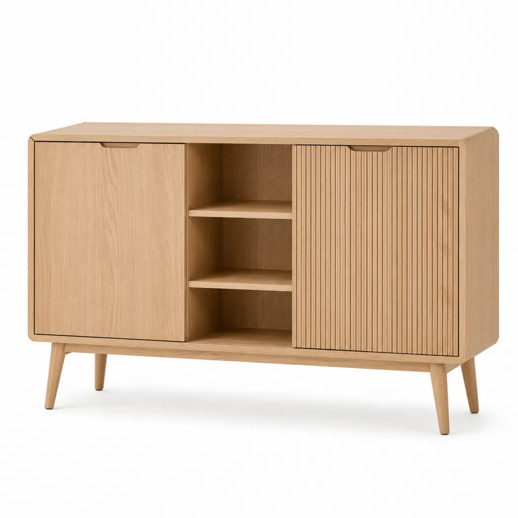 Meuble TV 140 x 40 x 75 cm en panneaux MDF plaques chene avec 2 portes et niches ouvertes chene clair