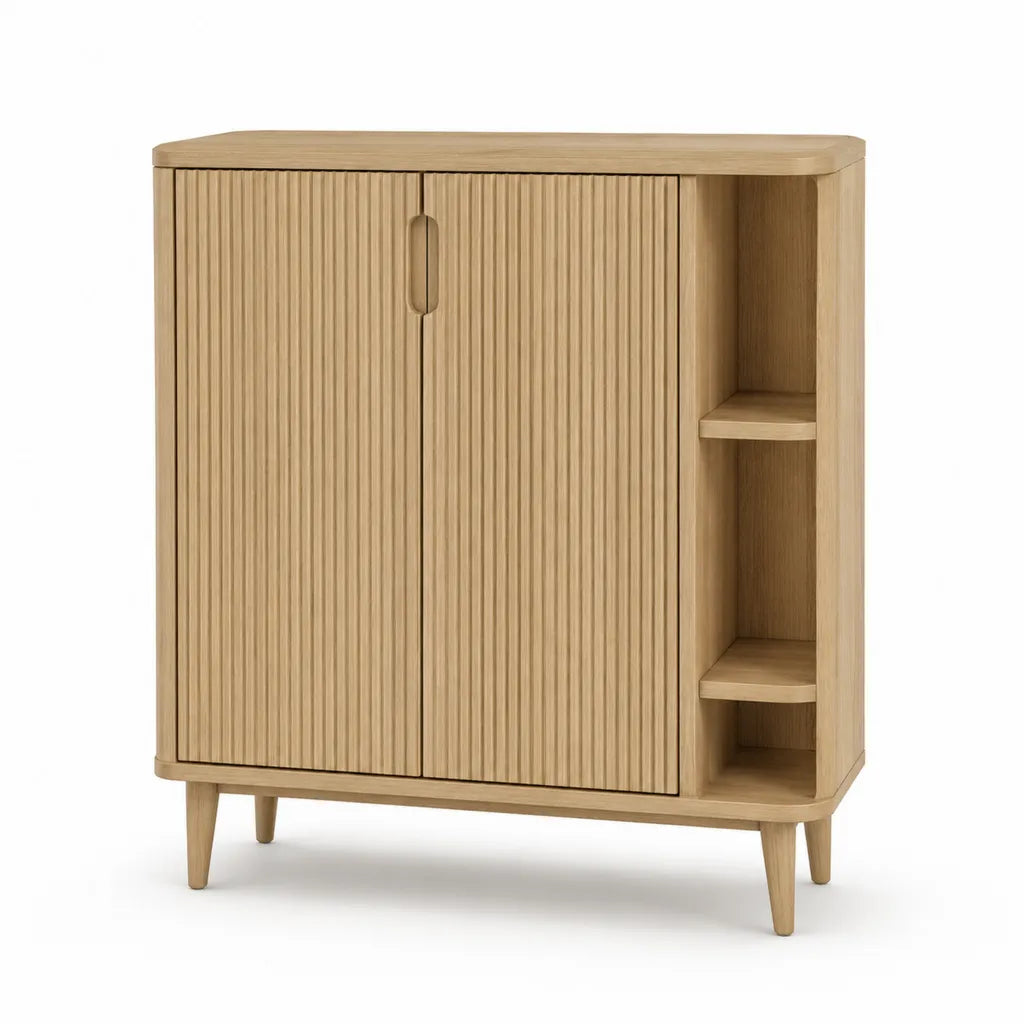 Buffet 2 portes avec etageres ouvertes en MDF plaque chene clair 100 x 40 x 110 cm