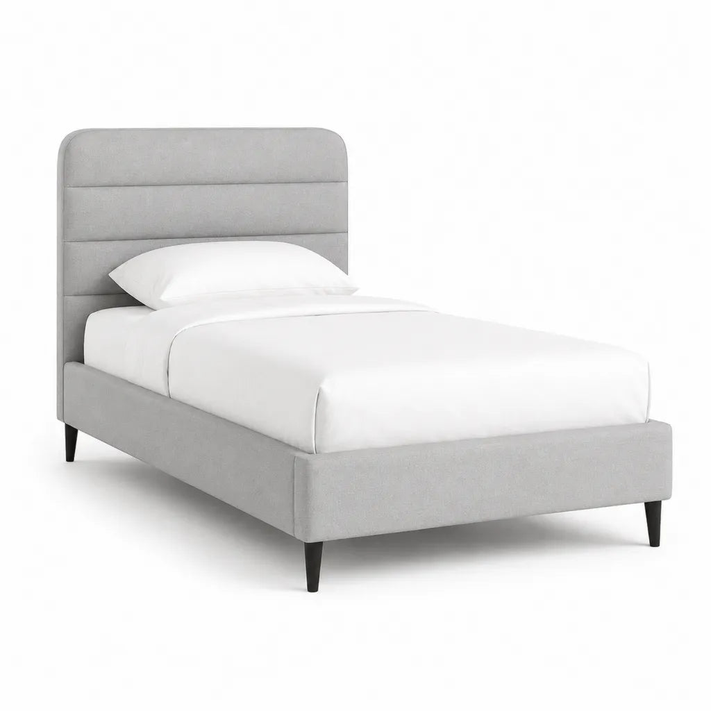 Lit simple capitonne 90 x 190 cm en polyester gris clair avec tete de lit rembourree