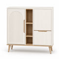 Buffet haut rectangulaire 2 portes et 3 niches 120 x 40 x 120 cm en MDF blanc et decor chene