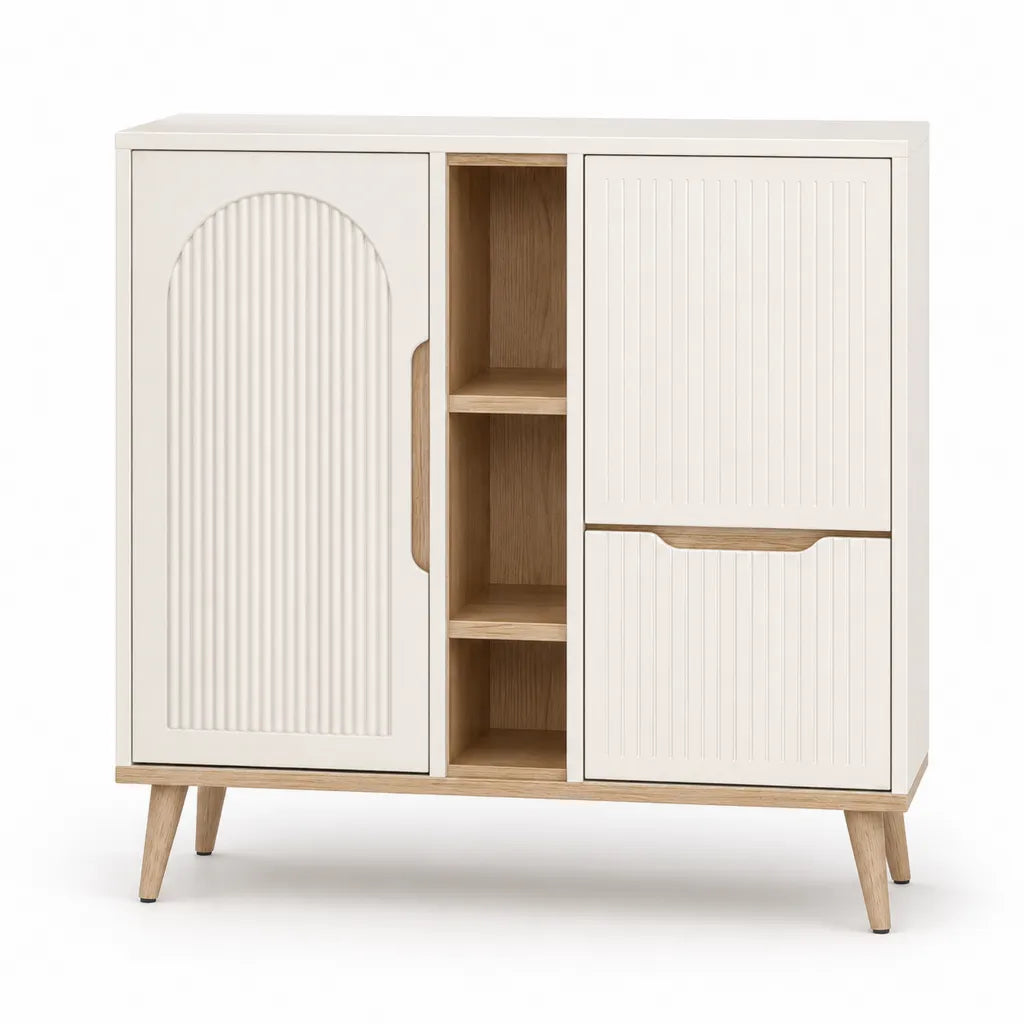 Buffet haut rectangulaire 2 portes et 3 niches 120 x 40 x 120 cm en MDF blanc et decor chene