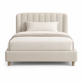 Cadre de lit double rembourre 160 x 200 cm en polyester beige avec tete de lit arrondie