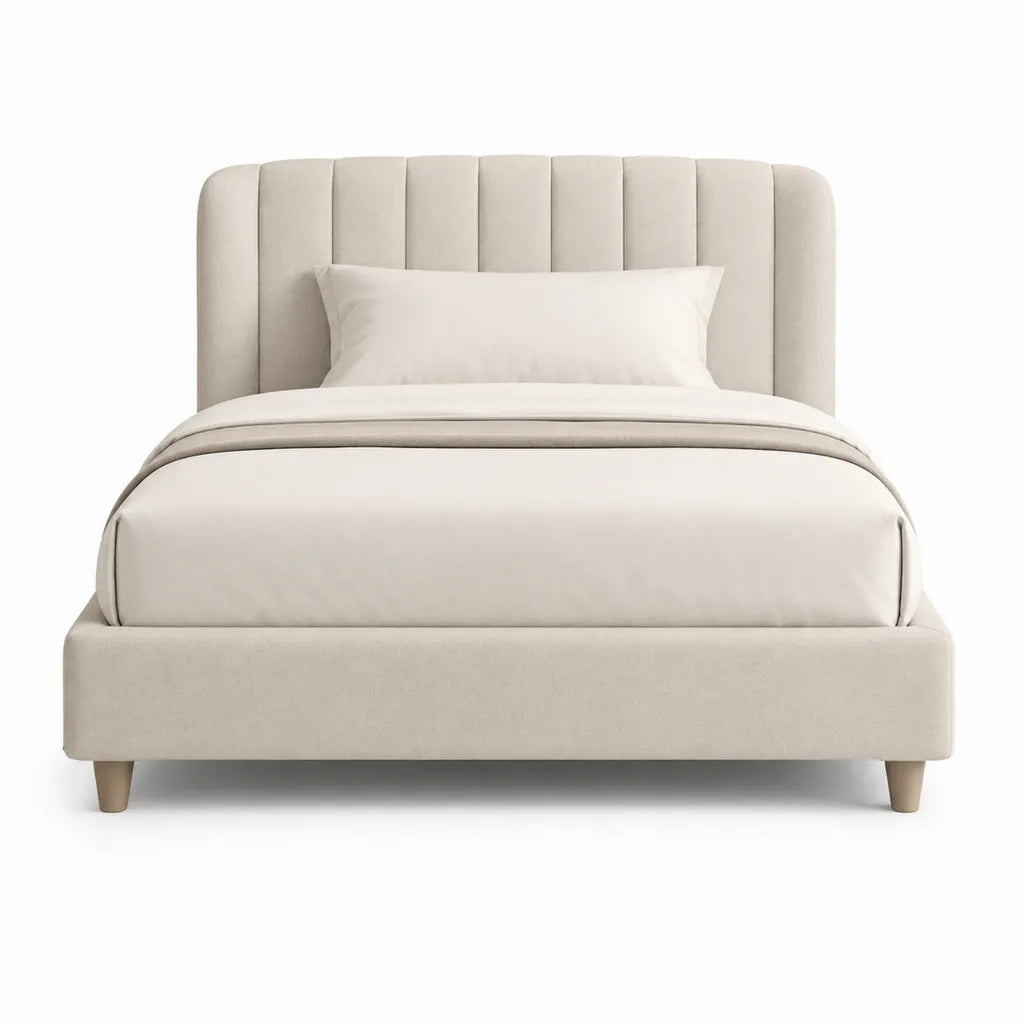 Cadre de lit double rembourre 160 x 200 cm en polyester beige avec tete de lit arrondie