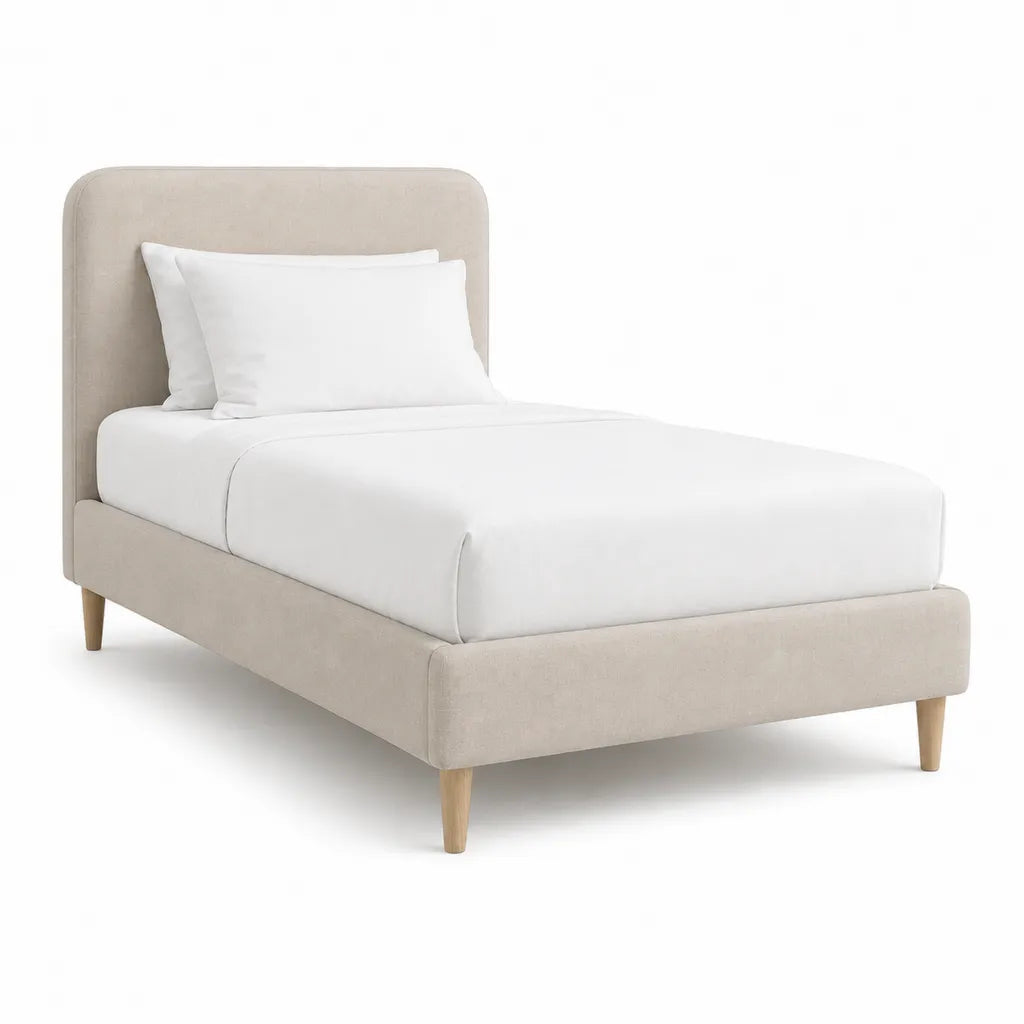 Lit 1 place avec cadre tapisse rectangulaire en polyester beige 90 x 190 cm