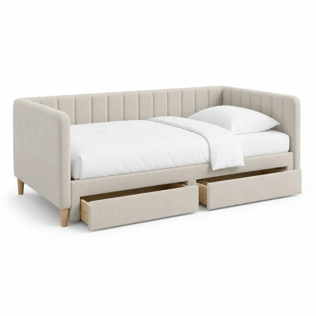 Lit banquette rectangulaire 90 x 190 cm avec 2 tiroirs en polyester beige