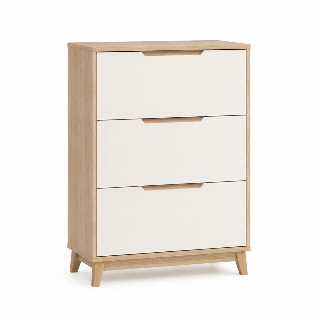 Buffet a 3 compartiments abattants 80 x 35 x 120 cm panneaux MDF blanc et chene clair