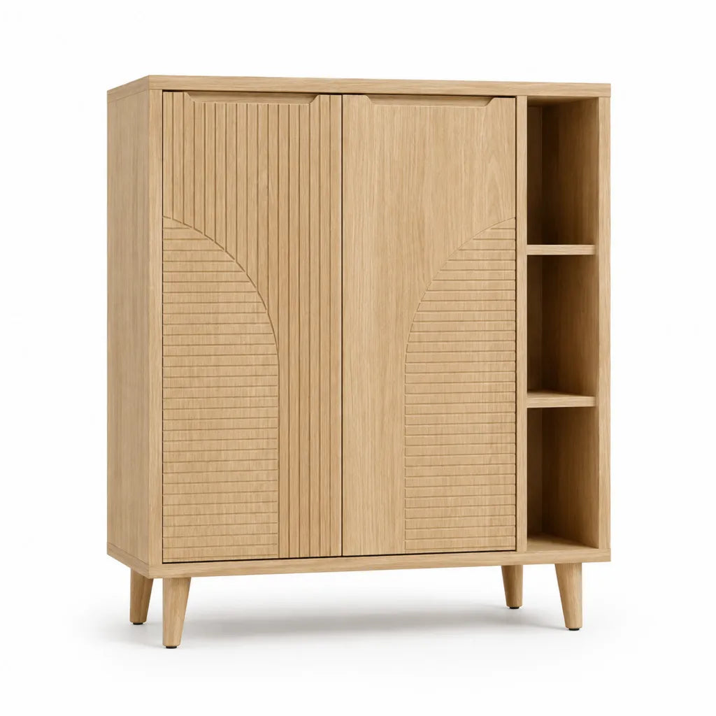 Buffet haut 2 portes et 3 niches en MDF plaque chene rectangulaire naturel 120 x 40 x 140 cm