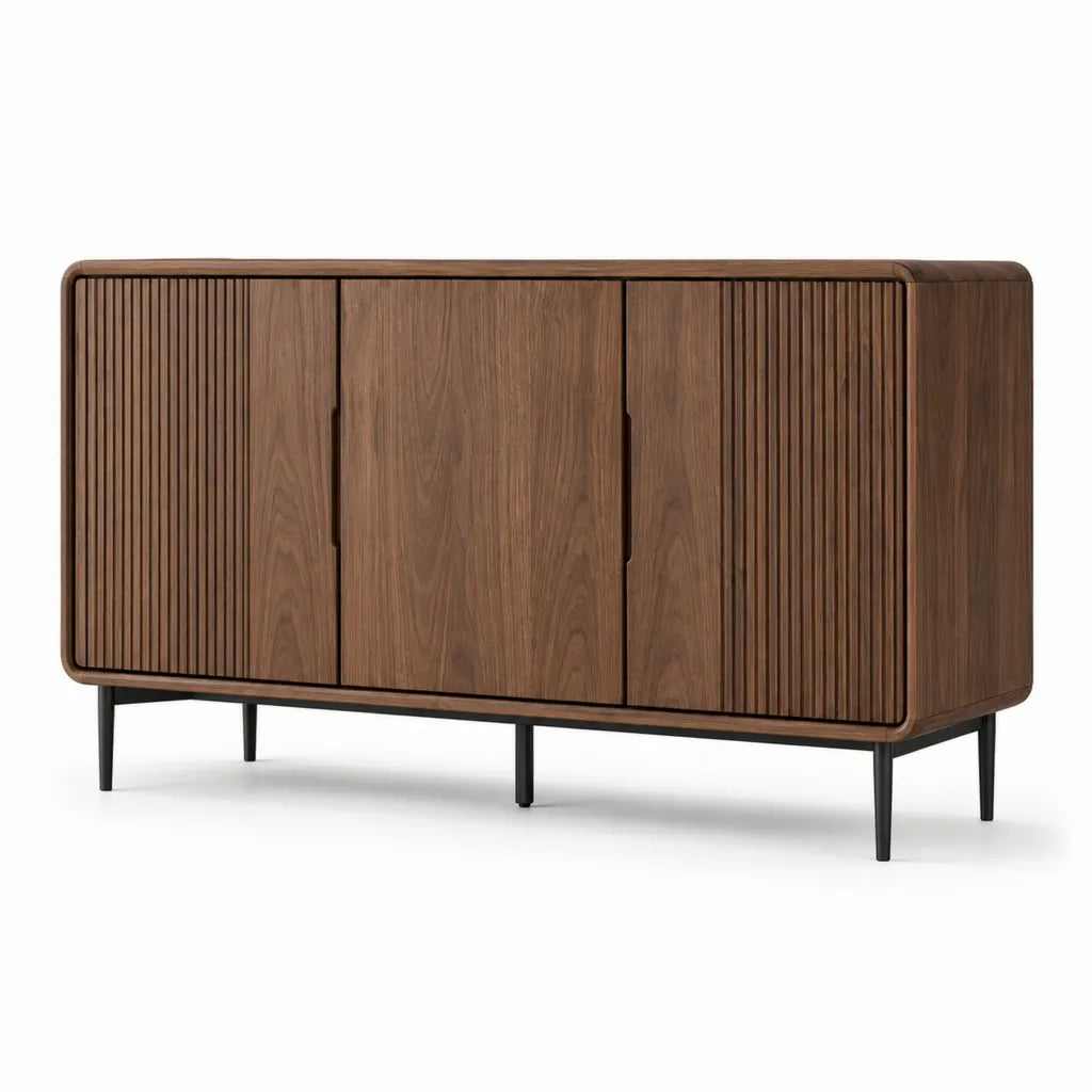 Buffet 4 portes en panneaux MDF plaques noyer brun 160 x 40 x 85 cm