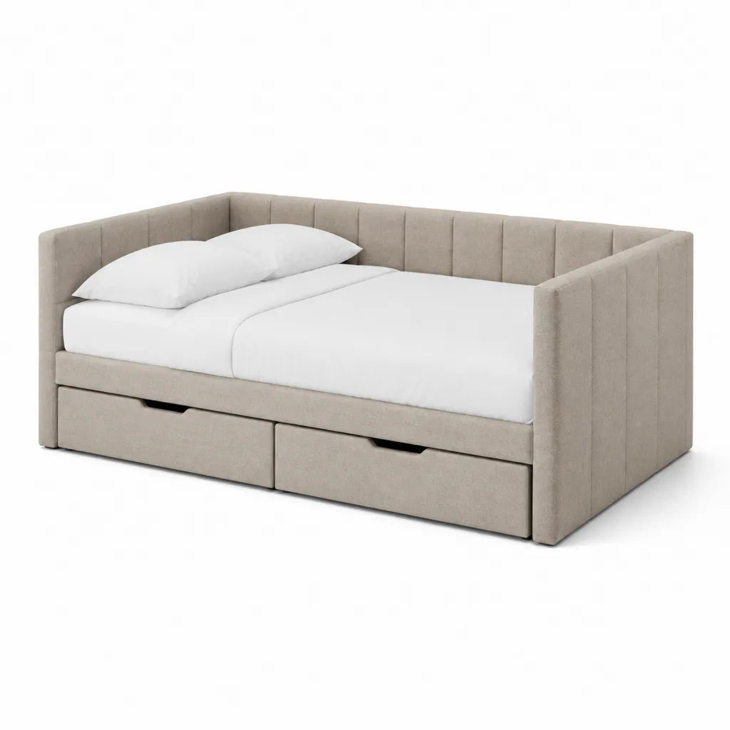 Lit banquette 90 x 200 cm avec 2 tiroirs revetement polyester beige
