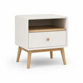 Table de chevet rectangulaire 1 tiroir avec niche 45 x 35 x 55 cm en MDF blanc et bois d'hevea naturel