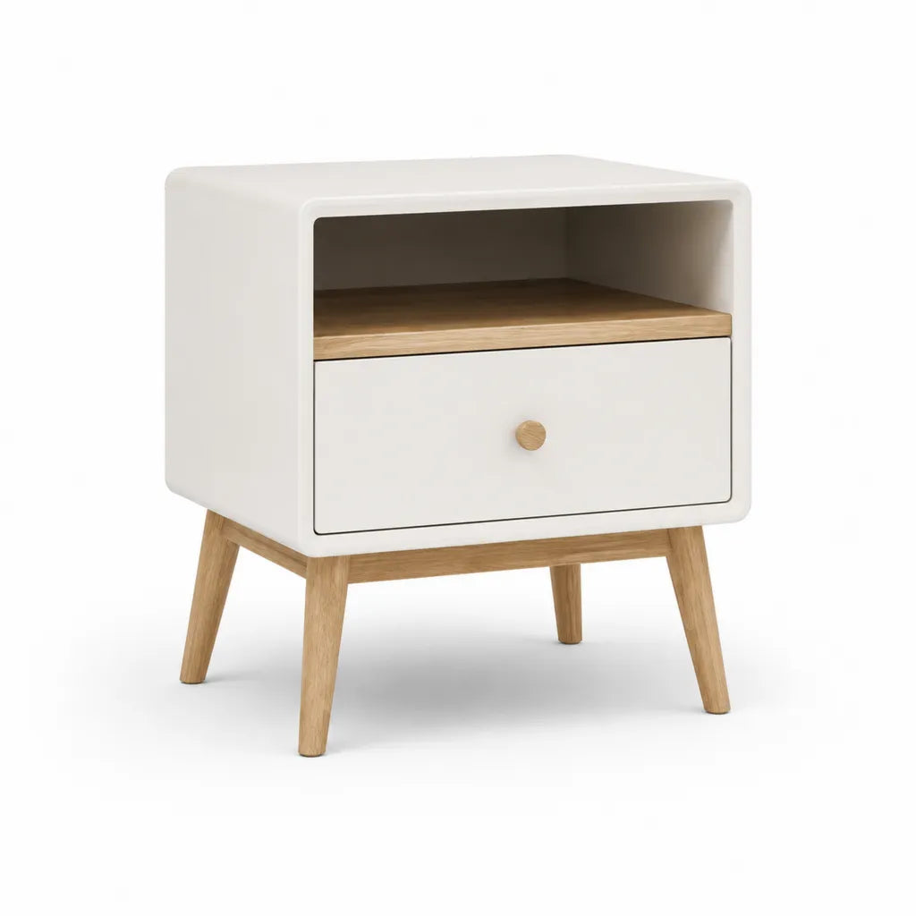 Table de chevet rectangulaire 1 tiroir avec niche 45 x 35 x 55 cm en MDF blanc et bois d'hevea naturel
