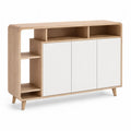 Buffet de salle a manger 120 x 40 x 100 cm en panneaux MDF plaques chene rectangulaire chene clair et blanc avec 3 portes et etageres ouvertes
