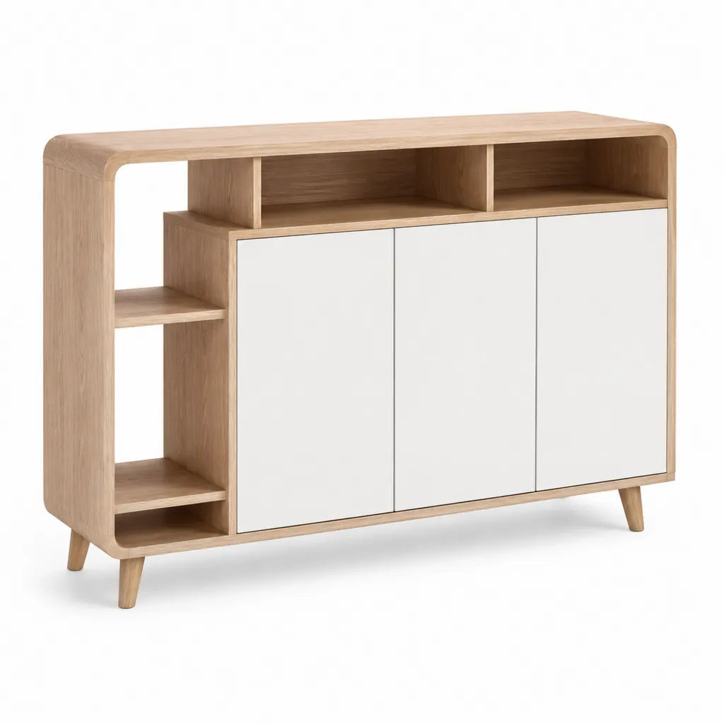 Buffet de salle a manger 120 x 40 x 100 cm en panneaux MDF plaques chene rectangulaire chene clair et blanc avec 3 portes et etageres ouvertes
