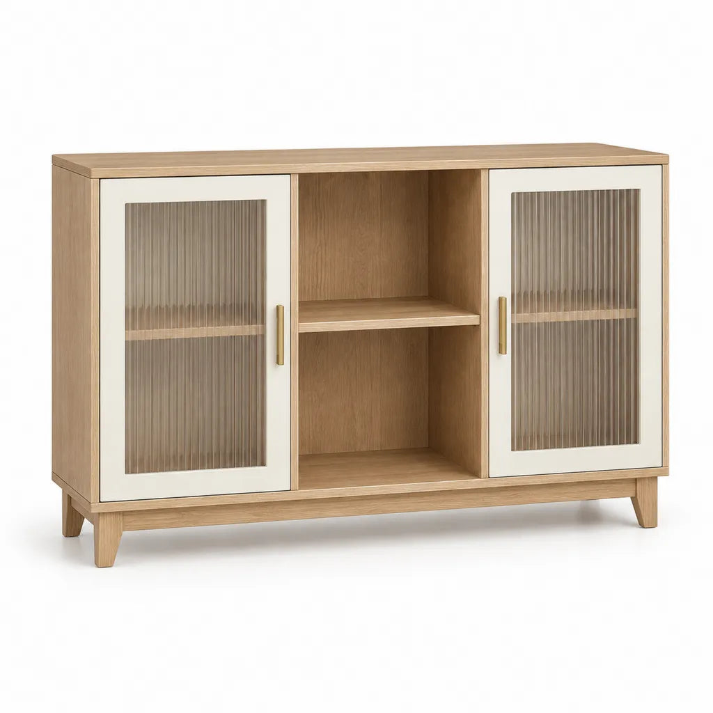 Buffet 2 portes 120 x 40 x 85 cm en panneaux de particules et verre strie rectangulaire chene clair blanc casse