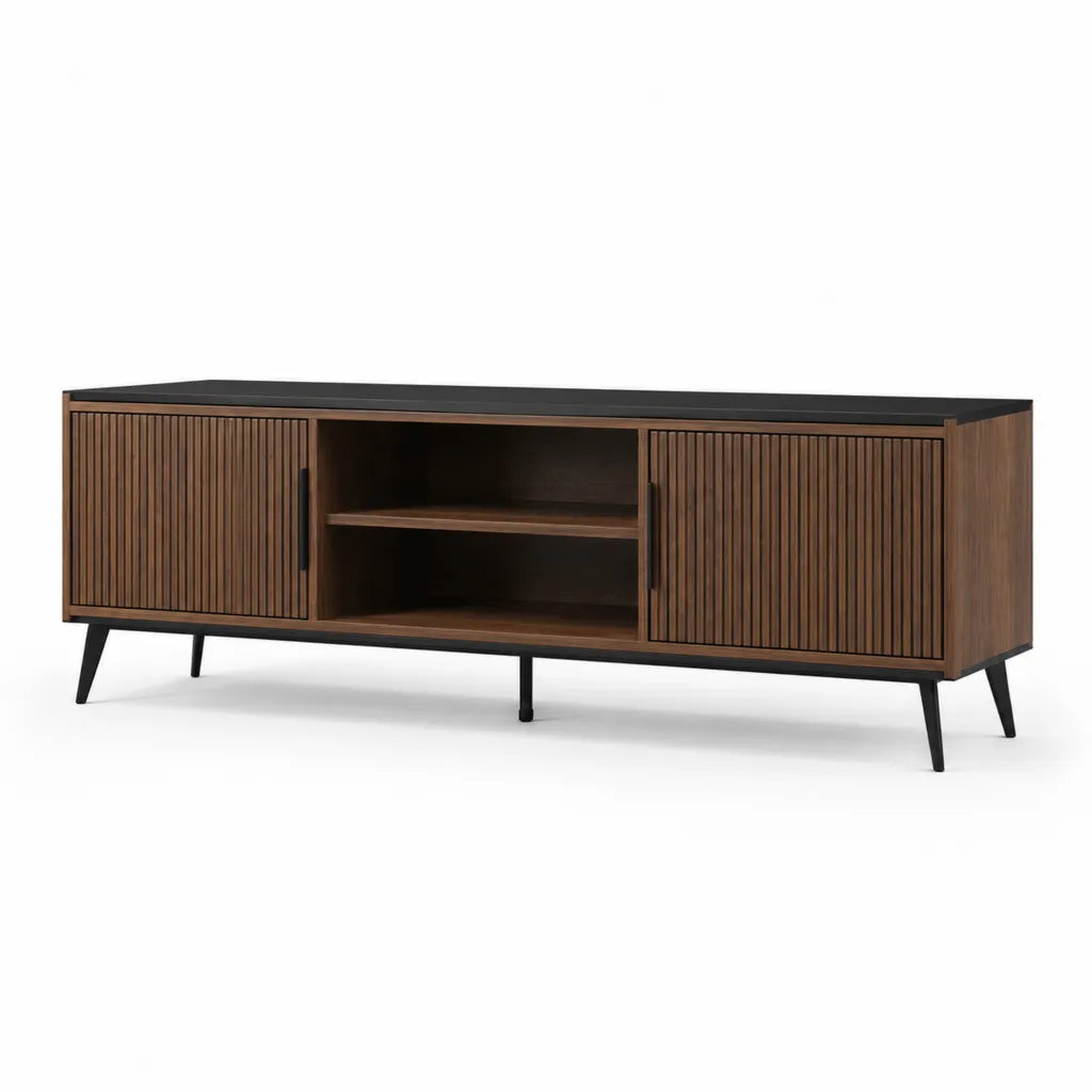 Meuble TV rectangulaire 180 x 40 x 60 cm en MDF decor noyer brun avec pieds en acier noir