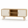 Meuble TV 2 portes coulissantes 160 x 40 x 75 cm en MDF plaque chene rectangulaire naturel et blanc