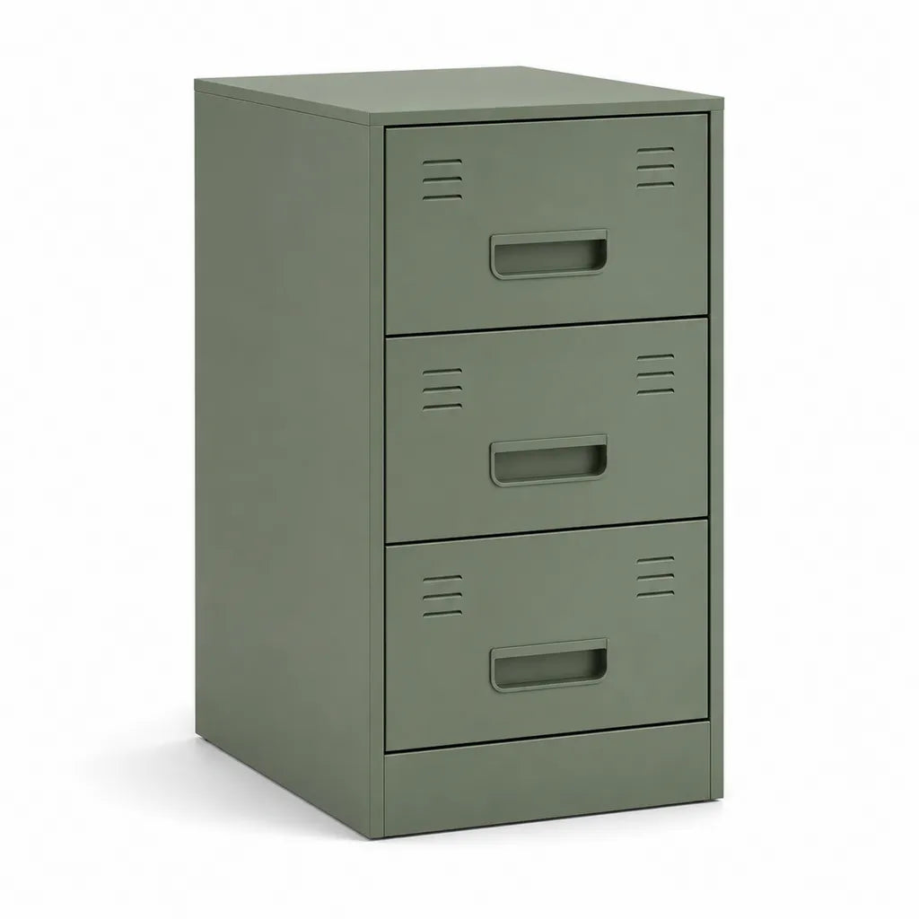 Table de chevet rectangulaire a 3 tiroirs en acier vert kaki 40 x 35 x 70 cm