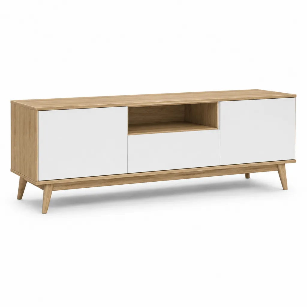 Meuble TV 160 x 40 x 50 cm en panneaux de particules melamines blanc et chene clair