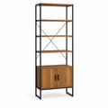 Buffet haut avec etageres 80 x 40 x 180 cm panneaux de particules effet chene brun et acier noir