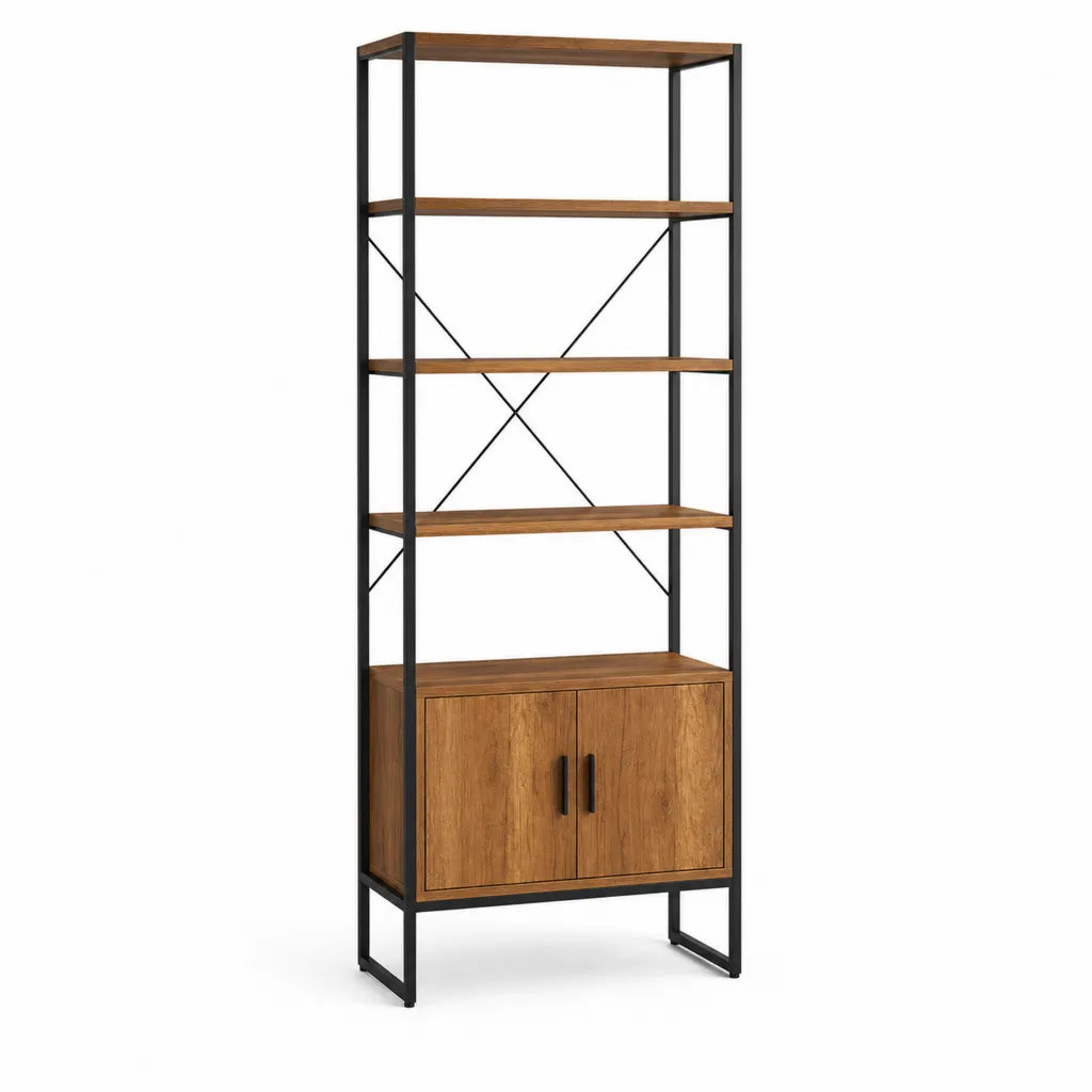 Buffet haut avec etageres 80 x 40 x 180 cm panneaux de particules effet chene brun et acier noir