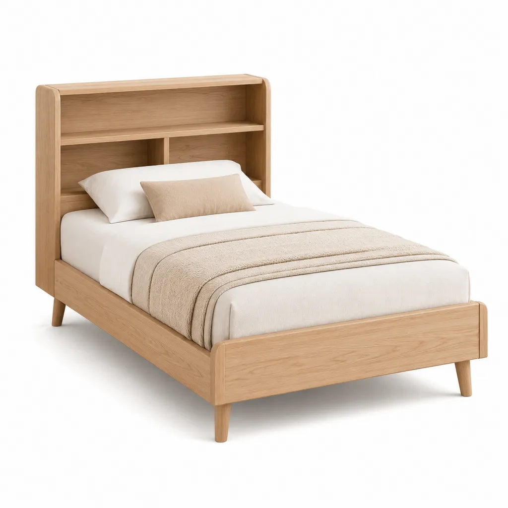 Lit double 140 x 190 cm avec tete de lit de rangement en panneaux MDF plaques chene clair