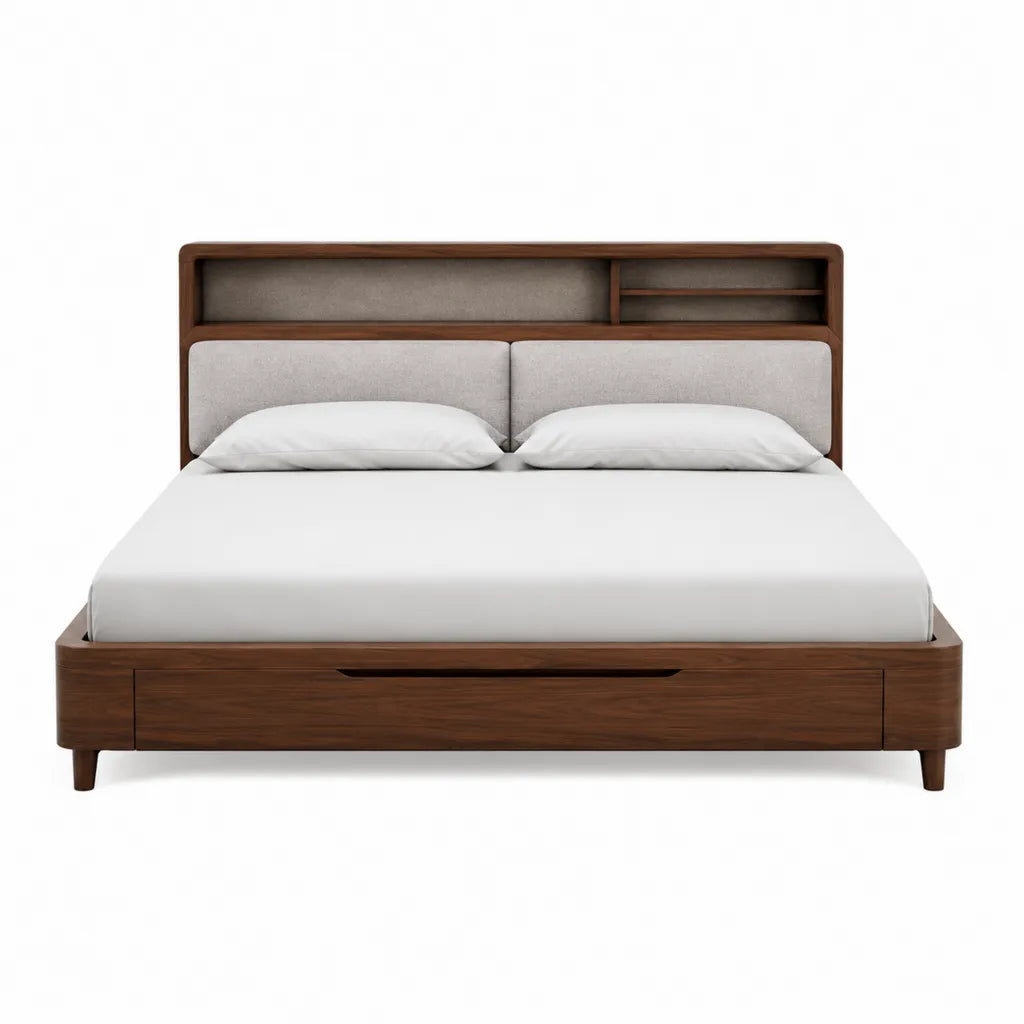 Cadre de lit 160 x 200 cm avec rangement en panneaux MDF plaques noyer marron et tete de lit rembourree grise