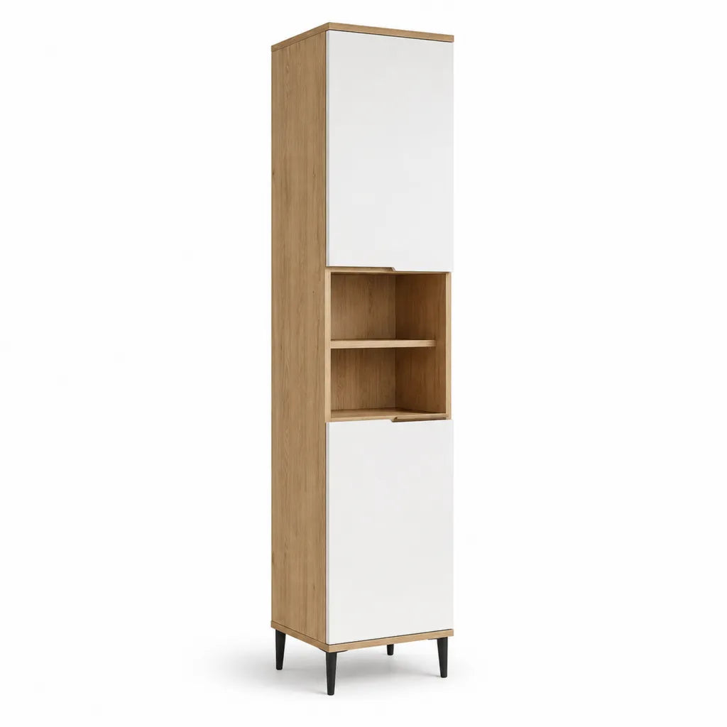 Vaisselier colonne 2 portes avec 2 etageres en panneaux de particules decor chene et blanc 50 x 40 x 180 cm
