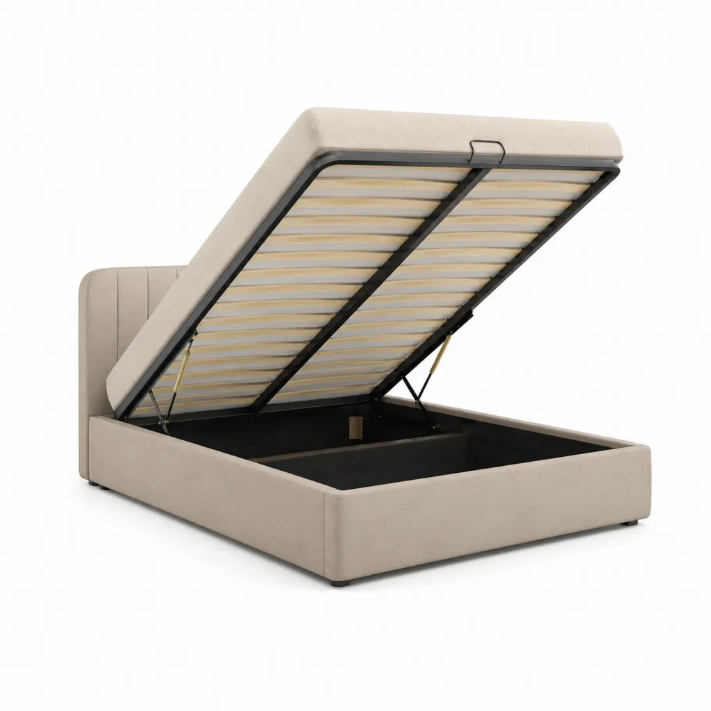 Lit coffre 160 x 200 cm avec sommier a lattes relevable en polyester beige