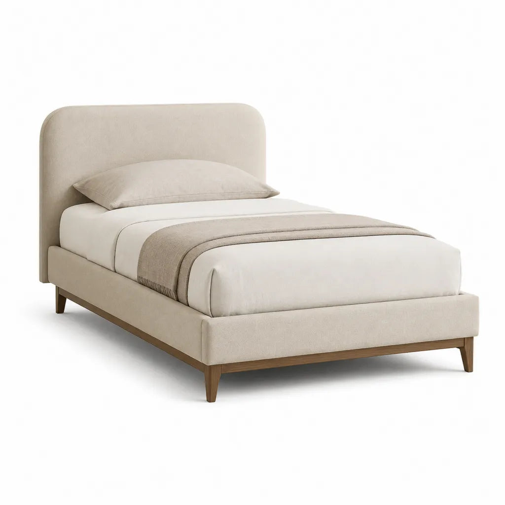 Lit simple avec cadre rembourre et tete de lit arrondie 90 x 190 cm en polyester beige pieds en hevea marron