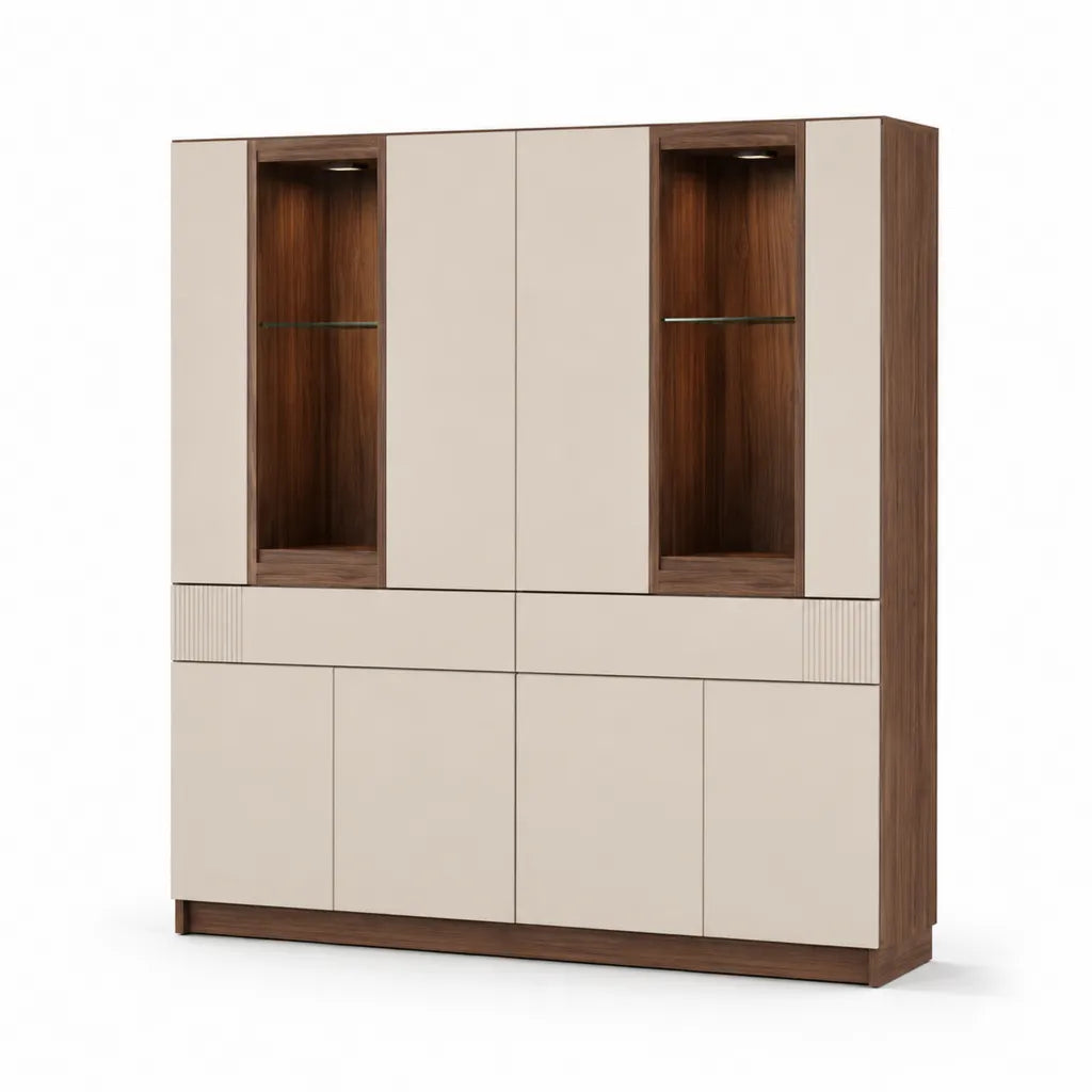 Buffet haut 6 portes avec etageres en verre en panneaux de particules melamines noyer et beige rectangulaire 160 x 40 x 190 cm