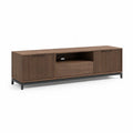 Meuble TV 180 x 40 x 55 cm en panneaux MDF finition noyer avec portes rainurees et pietement acier noir
